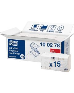 Tork 100278 Extra soft singlefold hand towel Premium H3 / White Zigzag fold paper towels compatible with Tork H3 system / 15 x 200 sheets (23 x 23 cm)