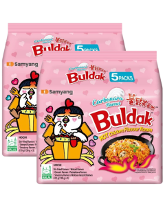 Samyang Buldak Carbonara Flavour Hot Chicken Flavour Ramen - Pack of 10 (2x5pk) x 140g - Stir-Fried Ramen, Halal