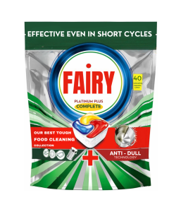 Fairy Platinum Plus Complete Dishwasher Tablets 40 Lemon Capsules with Anti-Dull Technology & Rinse Aid Effect Effective in Short Cycles
