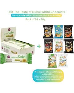 Elit Dubai White Chocolate with Pistachio Cream & Kadayif - Pack of 24 x 30g + FREE Vegeat&rsquo;s 8-Flavour Chickpea & Lentil Chip 50g Each (Sea Salt, Barbecue, Cheddar, Paprika, Sour Cream & Onion, Salt & Vinegar, Chilli & Lemon, Vegetables)