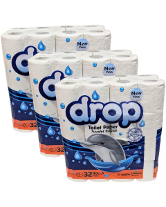 Drop Toilet Rolls 2ply  – Pack of 96 Rolls (3x32 Rolls) – Softer & Fluffy, Refreshed Texture Toilet Paper