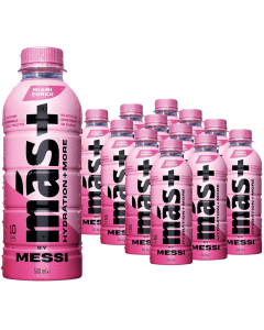 Mas+ By Messi Miami Punch Bottle - Pack of 12 x 500ml - Hydration Sports Drink with Electrolytes and Vitamins