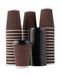 8oz VIP Brown Ripple Wall Paper Disposable Cups with Black Lid  - Pack of 100, Perfect for Hot & Cold Beverages
