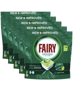 Fairy Original All-in-One Lemon Scent Dishwasher Capsules 130 Tablets (5 x 26 Pack) x 351g - Effective even on dried-on grease
