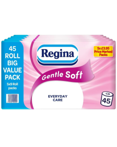 Regina Gentle Soft Toilet Tissue 45 Rolls of 3 Ply Toilet Paper PMP- Pack of 5 x 9 Roll - 160 Sheets, Soft and Gentle, Everyday Care