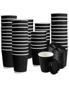 8oz Black Ripple Wall Paper Disposable Cups with Black Lid  - Pack of 100, Perfect for Hot & Cold Beverages