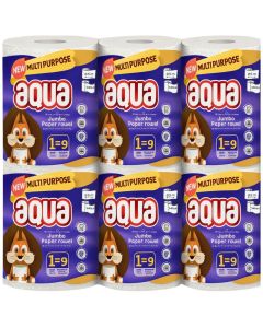 Aqua 2 Ply Multi-Purpose Jumbo Paper Towel - Pack of 6 Rolls (1 Mega Roll = 9 Standard Rolls), 85m Approx. - Strong & Super Absorbent