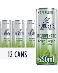 Purdey's Rejuvenate Grape & Apple Energy Drink With Ginseng Can - Pack of 12 x 250ml - Carbonated Multivitamin Fruit Drink with Sweetener