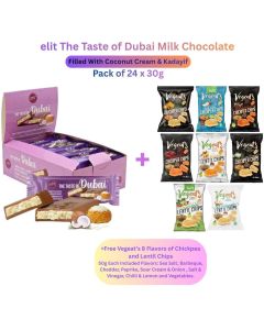 Elit Dubai Milk Chocolate with Coconut Cream & Kadayif - Pack of 24 x 30g + FREE Vegeat&rsquo;s 8-Flavour Chickpea & Lentil Chip 50g Each (Sea Salt, Barbecue, Cheddar, Paprika, Sour Cream & Onion, Salt & Vinegar, Chilli & Lemon, Vegetables)