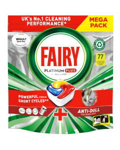 Fairy Platinum Plus All-in-One Lemon Dishwasher Capsules – 77 Washes - Powerful Clean Even in Short Cycles + Anti-Dull Technology