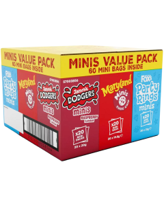 Mini Biscuits Assorted Pack – 60 Mini Bags - Includes: Jammie Dodgers Minis Raspberry (20 x 20g), Maryland Minis Choc Chip (20 x 19.8g) & Fox’s Party Rings Minis (20 x 21g)