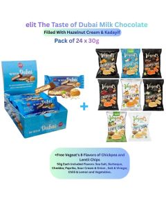 Elit Dubai Milk Chocolate with Hazelnut Cream & Kadayif - Pack of 24 x 30g + FREE Vegeat&rsquo;s 8-Flavour Chickpea & Lentil Chip 50g Each (Sea Salt, Barbecue, Cheddar, Paprika, Sour Cream & Onion, Salt & Vinegar, Chilli & Lemon, Vegetables)
