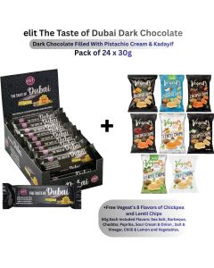 Elit Dubai Dark Chocolate with Pistachio Cream & Kadayif - Pack of 24 x 30g + FREE Vegeat&rsquo;s 8-Flavour Chickpea & Lentil Chip 50g Each (Sea Salt, Barbecue, Cheddar, Paprika, Sour Cream & Onion, Salt & Vinegar, Chilli & Lemon, Vegetables)