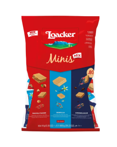 Loacker Minis Mix Crispy Wafers – Pack of 80 x 10g - Assorted Flavours: Hazelnut, Vanilla & Cocoa-Chocolate Cream Fillings