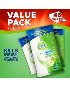 (Pack of 3) Dettol Power Fresh Antibacterial Floor Cleaning Wipes Apple ( 45 Wipes in Total)