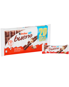 Kinder Bueno Milk & Hazelnuts Bars - Pack of 20 (10x2) x 43g - Smooth Milky & Hazelnut Filling in Crispy Wafer Covered with Milk Chocolate