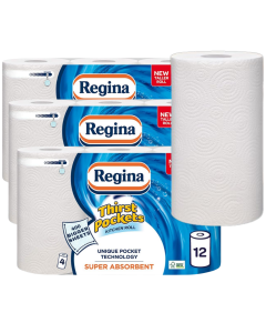 Regina Thirst Pocket Kitchen Roll 2 Ply 400 Bigger Sheets - Pack of 12 Rolls (3pk x 4Roll) -Super Absorbent