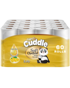 Panda Cuddle Lemon Zest Scented 3-Ply Soft Quilted Toilet Tissue - 60 Rolls (12 x 5 Rolls) Soft, Fresh & Luxurious Comfort