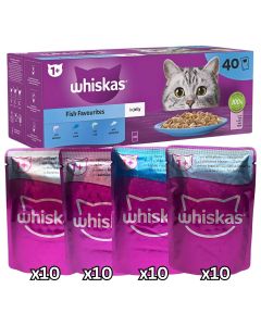 Whiskas Fish Favourites in Jelly 1+ Adult Cat food 85g x 40 (Flavours: Whitefish, Tuna, Salmon, Cod)