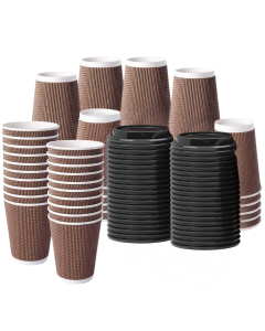 12oz VIP Brown Ripple Wall Paper Disposable Cups with Black Lid  - Pack of 100, Perfect for Hot & Cold Beverages