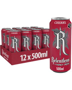 Relentless Cherry Energy Drink PMP - Pack of 12 x 500ml - Cherry Flavoured Energy Cans