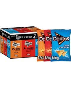 Doritos Corn Flavour Chips Variety Pack of 7 x 180g - Includes: 2x Tangy Cheese, 3x Chilli Heatwave& 2x Cool Original, Best Before: 20/12/2025
