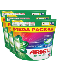 Ariel 3in1 PODS, Washing Liquid Laundry Detergent Capsules 129 Washes (43 x 3), Colour, Stain & Odour Removal in 1 Wash, Fast Dissolving Even In Cold