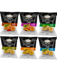 Grace Gluten Free Chips Mix - Pack of 6 x 85g (1 Each Flavours: Paprika, No Salt, Green Banana, Green Plantain, Sweet Chilli, Sweet Plantain)