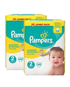 (2 x 68 Pack) Pampers Size 2 New Baby Nappies Jumbo Pack (Total 136)