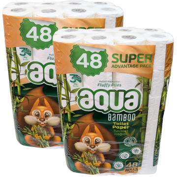 Bamboo Toilet Rolls 3Ply - Pack of 96 Rolls (2x48 Rolls) - Super Advantage Pack - Fluffy Plies, Eco-Friendly, Soft and Durable Aqua Toilet Paper