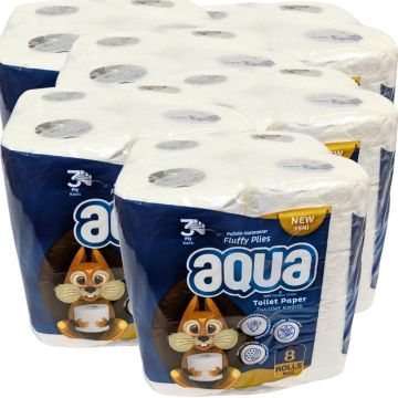 Aqua Toilet Paper 3 Ply - 48 Rolls (6x8pk) - Fluffy Plies, Soft durable , Eco-Friendly, Tissues