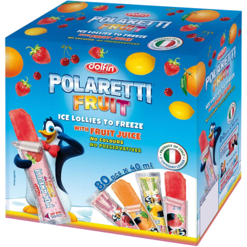 Dolfin Polaretti Fruit Ice Lollies – 80Pcs ×40ml (Ready to Freeze) – Orange, Sour Cherry, Lemon & Strawberry – No Artificial Colours or Preservatives