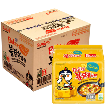 Samyang Buldak Cheese Flavour Hot Chicken Flavour Ramen - Pack of 40 (8x5pk) x 140g - Stir-Fried Ramen, Halal