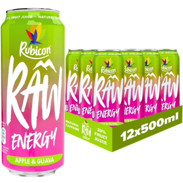 Rubicon Raw Apple & Guava Energy Drink – Pack of 12 × 500ml, Fruity Sparkling Drink