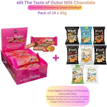 Elit Dubai Milk Chocolate Filled with Strawberry Cream & Kadayif - Pack of 24 x 30g + FREE Vegeat’s 8-Flavour Chickpea & Lentil Chip 50g Each (Sea Salt, Barbecue, Cheddar, Paprika, Sour Cream & Onion, Salt & Vinegar, Chilli & Lemon, Vegetables)