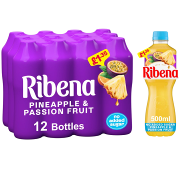 Ribena Pineapple & Passion Fruit Juice Drink PMP - Pack of 12 x 500ml - No Added Sugar • Best Before Jan 2026