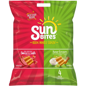 Sun Bites Assorted Crisps - Pack of 24 x 25g - Included Flavours: Sweet Chilli 3x(6x25g) & Sour Cream and Cracked Black Pepper 1x(6x25g). BBE: 06/12/2025
