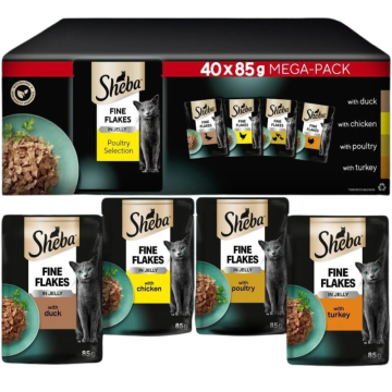 Sheba Fine Flakes in Jelly Poultry Selection - Pack of 40 x 85g - Available Flavours: 10x Duck, 10x Chicken, 10x Poultry, 10x Turkey