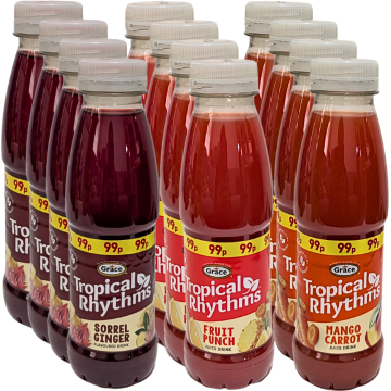 Grace Tropical Rhythms Juice Drink Mix – Pack of 12 × 330 ml (Includes 4× Sorrel Ginger, 4× Fruit Punch, 4× Mango Carrot)