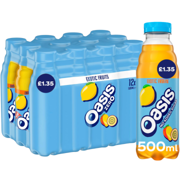 Oasis Zero Exotic Fruits PMP - Pack of 12 x 500ml - No added sugar, Natural Flavours, BBE: 31/12/2025