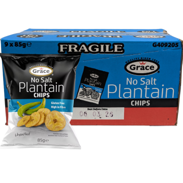 Grace No Salt Plantain Chips - Pack of 9 x 85g - Gluten Free, High in Fibre