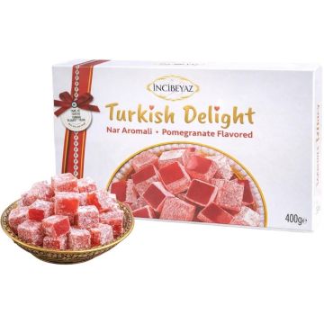 Incibeyaz Pomegranate Flavored Turkish Delight 400g - Made With Beet Sugar - Halal & Gluten Free