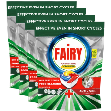 Fairy Platinum Plus Complete Dishwasher Tablets 160 (4x 40) Lemon Capsules with Anti-Dull Technology & Rinse Aid Effect Effective in Short Cycles