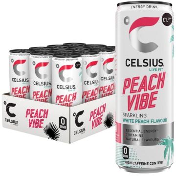 CELSIUS Peach Vibe White Peach Flavor Zero Sugar Sparkling Energy Drink PMP - Pack of 12 x 355ml Can - Caffeine & Vitamins