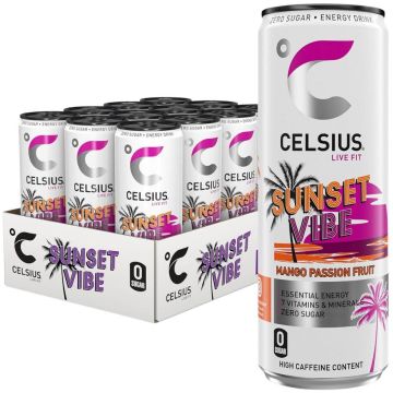 CELSIUS Sunset Vibe Mango Passion Fruit Flavor Zero Sugar Sparkling Energy Drink PMP - Pack of 12 x 355ml Can - Caffeine, Vitamins & Minerals