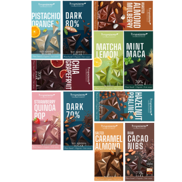 Benjamissimo Organic Vegan Chocolate 60g x11 - Roasted Almond Mulberry, Raw Cacao 75%, Chia Grapefruit 70%, Dark 70%, Hazelnut Praline, Dark 80%, Pistachio Orange, Matcha Lemon White, Strawberry Quinoa  White, Mint Matcha 70%, Salted Caramel Almond  White