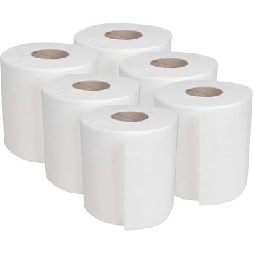 White Paper Rolls 2ply Embossed CentreFeed Hygiene, Strong Commercial/Kitchen Use Paper Hand Towels, Wipe Away (Pack of 6)