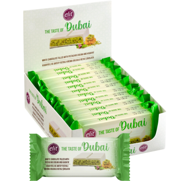 Elit Dubai White Chocolate Filled with Pistachio Cream & Kadayif 90g - Pack of 12 Bars
