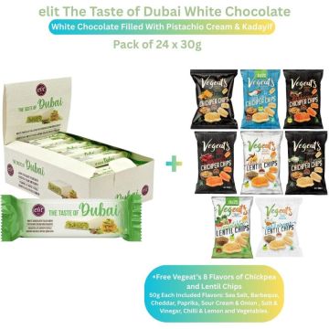 Elit Dubai White Chocolate with Pistachio Cream & Kadayif - Pack of 24 x 30g + FREE Vegeat’s 8-Flavour Chickpea & Lentil Chip 50g Each (Sea Salt, Barbecue, Cheddar, Paprika, Sour Cream & Onion, Salt & Vinegar, Chilli & Lemon, Vegetables)