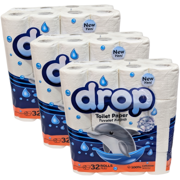 Drop Toilet Rolls 2ply  – Pack of 96 Rolls (3x32 Rolls) – Softer & Fluffy, Refreshed Texture Toilet Paper